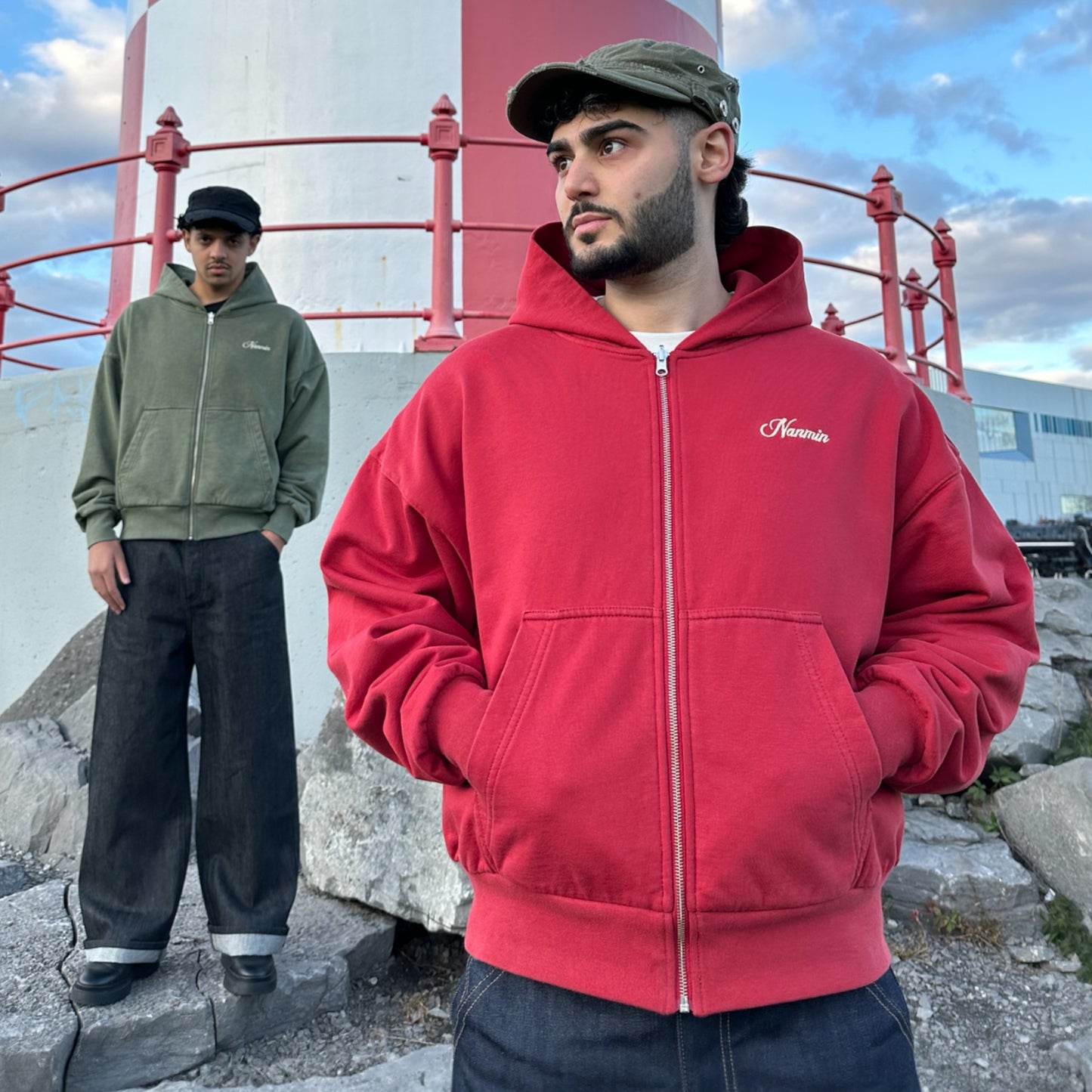 Acid Wash Reversible Zip Up Hoodie - Red