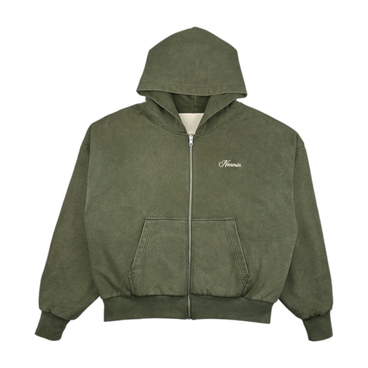 Acid Wash Reversible Zip Up Hoodie - Army Green