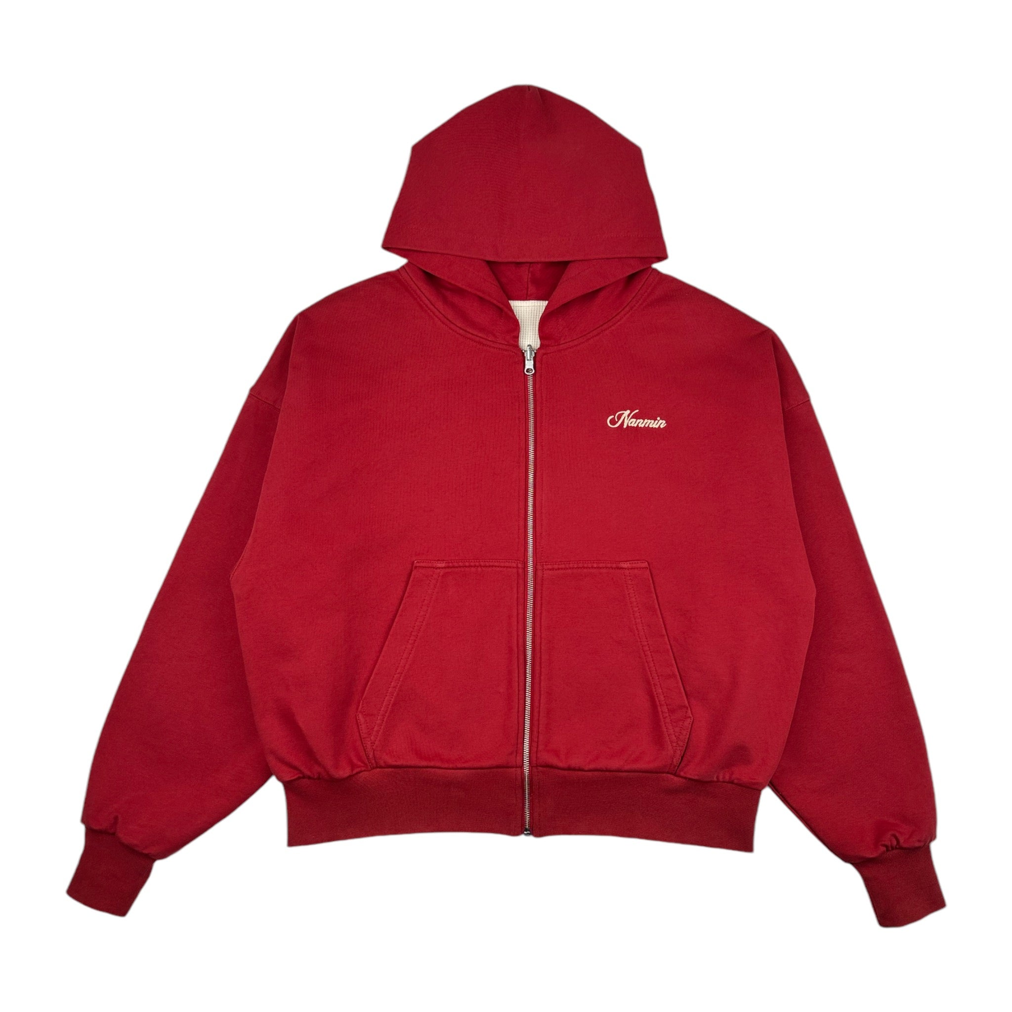 Acid Wash Reversible Zip Up Hoodie - Red - nanmin