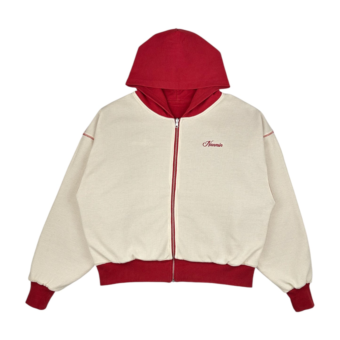 Acid Wash Reversible Zip Up Hoodie - Red