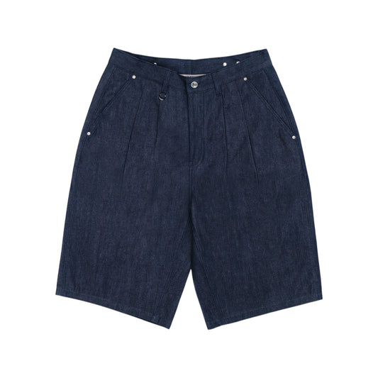 Jumbo Pleated Selvedge Denim Shorts - Indigo